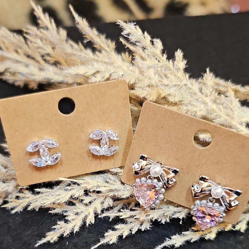 Crystal Inspired Studs + Pink Bow Heart Earrings Bundle | Glam & Cute Duo